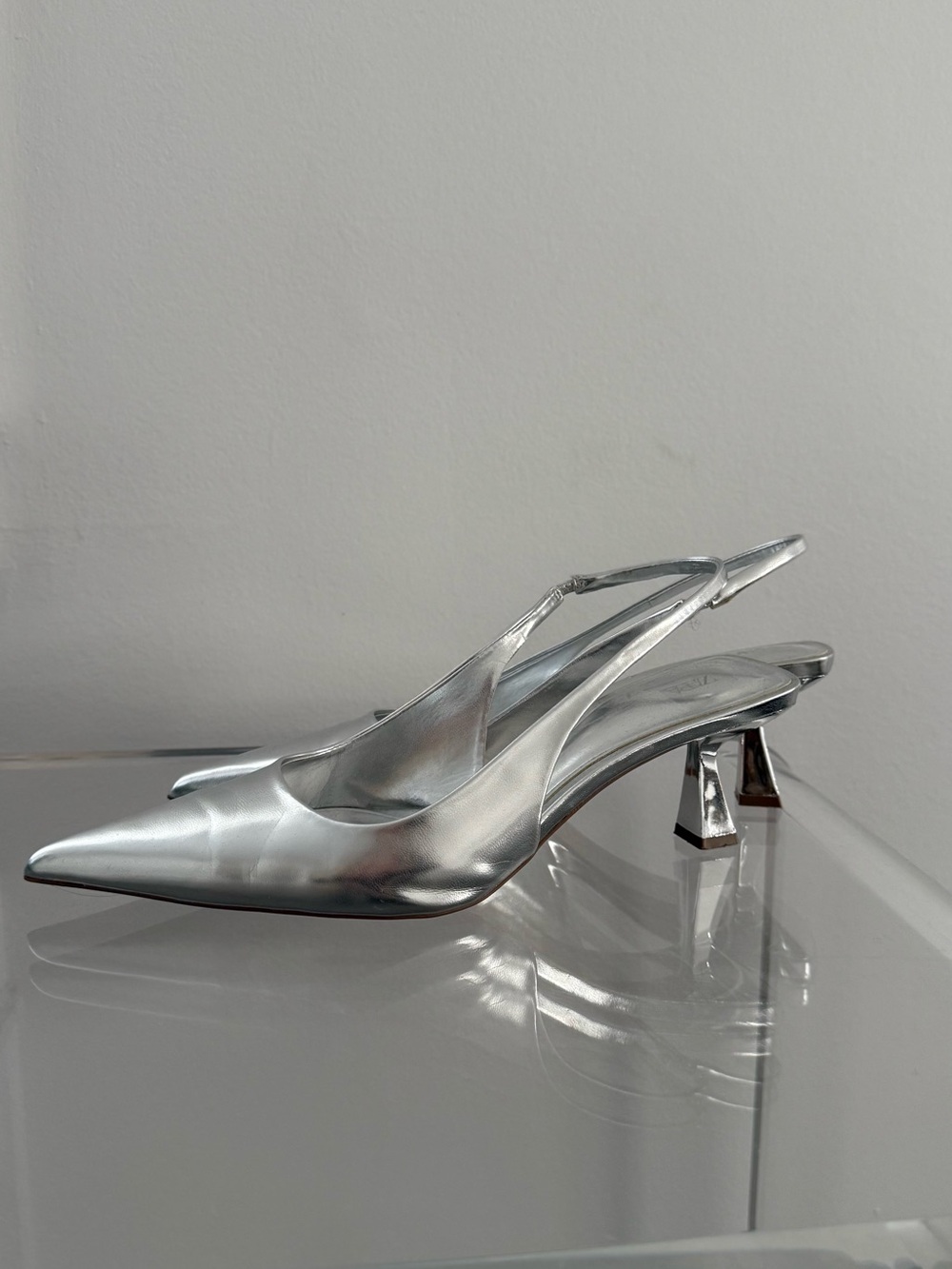 Zara Metallic Silver Slingback Pointed Kitten Heel